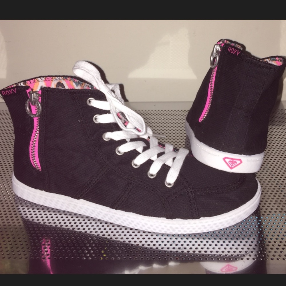 New Roxy black sneakers shoes Zipper Hi Top Sneakers Silver Glitter Logo Pink